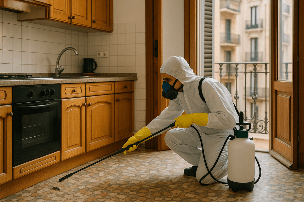 Técnico especializado aplicando tratamiento anti-cucarachas en cocina del Eixample, Barcelona