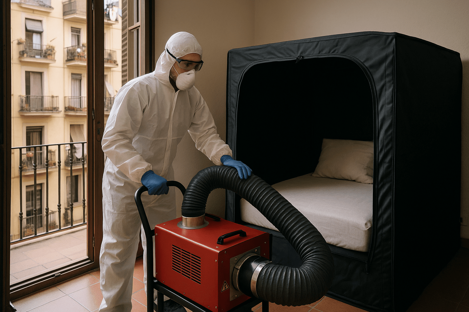 Técnico realizando tratamiento térmico contra chinches en Poble Sec