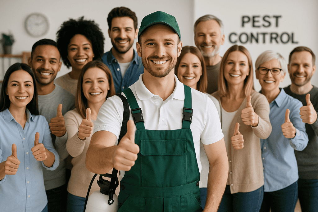 Clientes satisfechos junto al profesional en control de plagas
