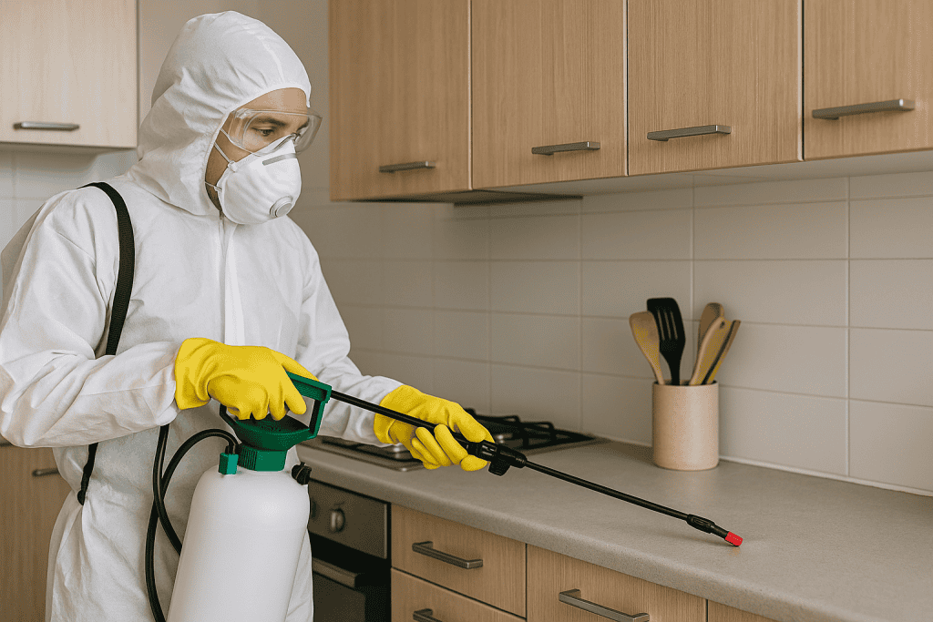 Técnico aplicando gel anti-cucarachas en cocina del Eixample