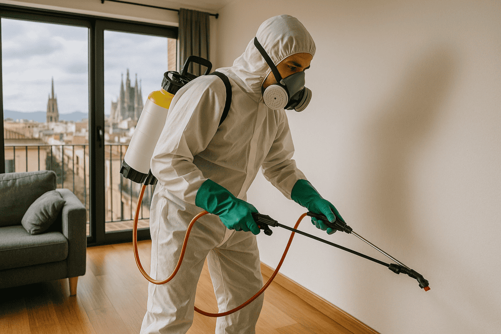 Profesional aplicando control de plagas en un hogar de Barcelona