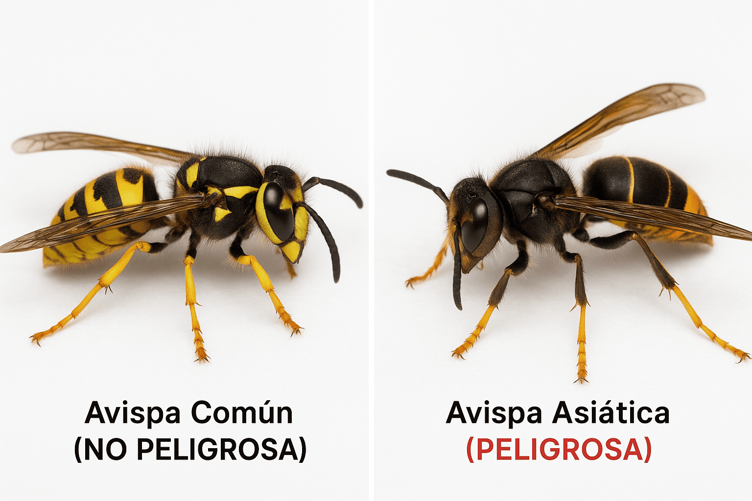 Comparativa visual detallada mostrando la diferencia entre una avispa asiática (Vespa velutina), más oscura y con patas amarillas, y una avispa común.