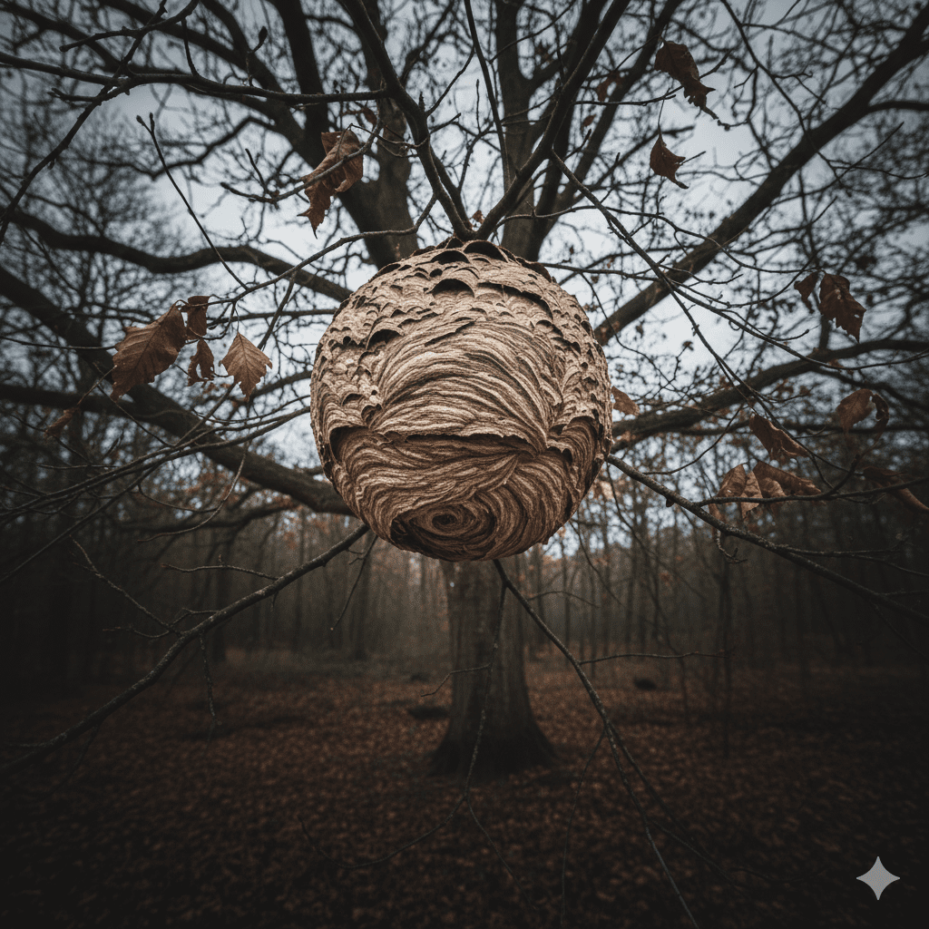 Gran nido esférico de avispa asiática velutina situado en la copa de un árbol.