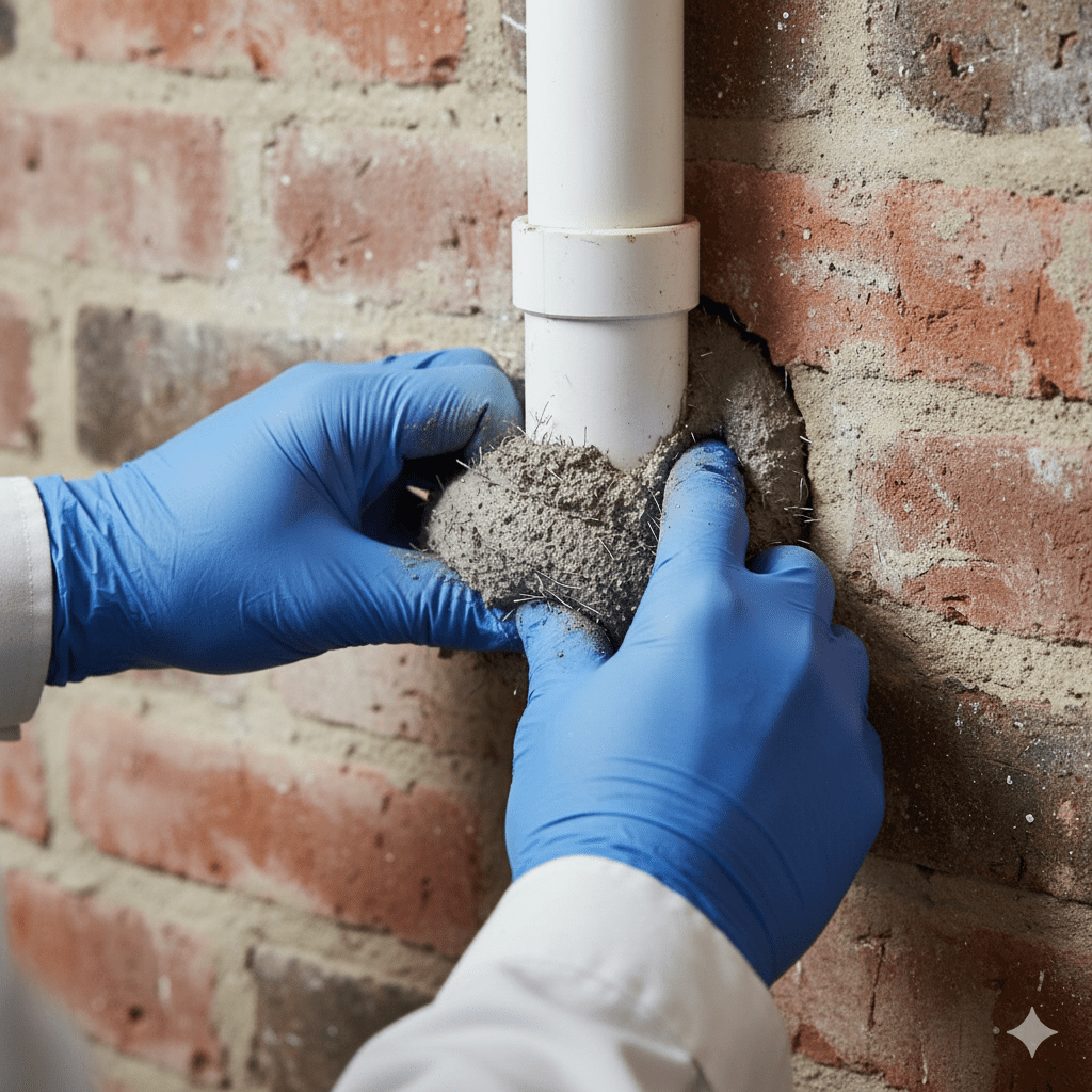 Técnico profesional aplicando cemento y malla de exclusión en un pasatubos para prevenir la entrada de ratones.