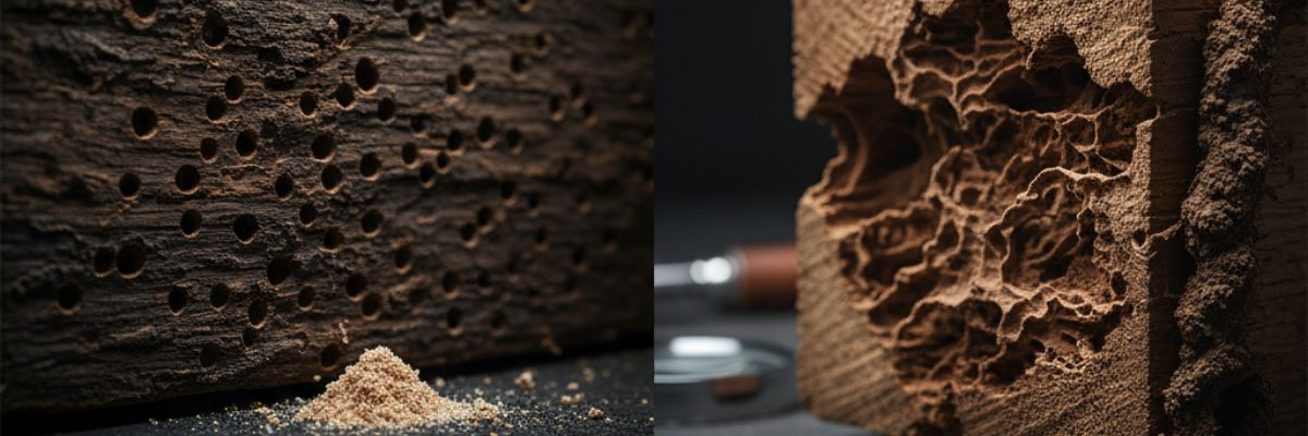 Comparativa visual de daños por carcoma y termitas en madera del Maresme.