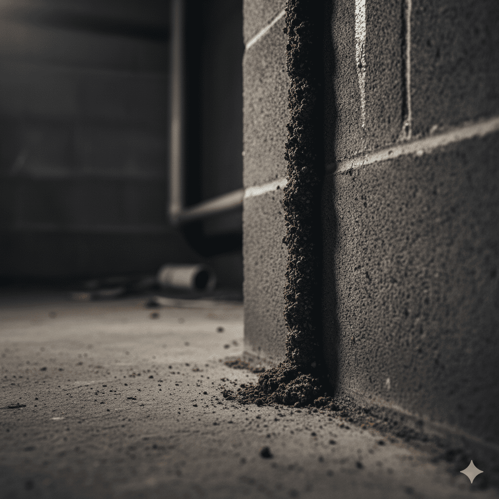 Cordón de barro construido por termitas en una pared de un sótano en el Maresme.