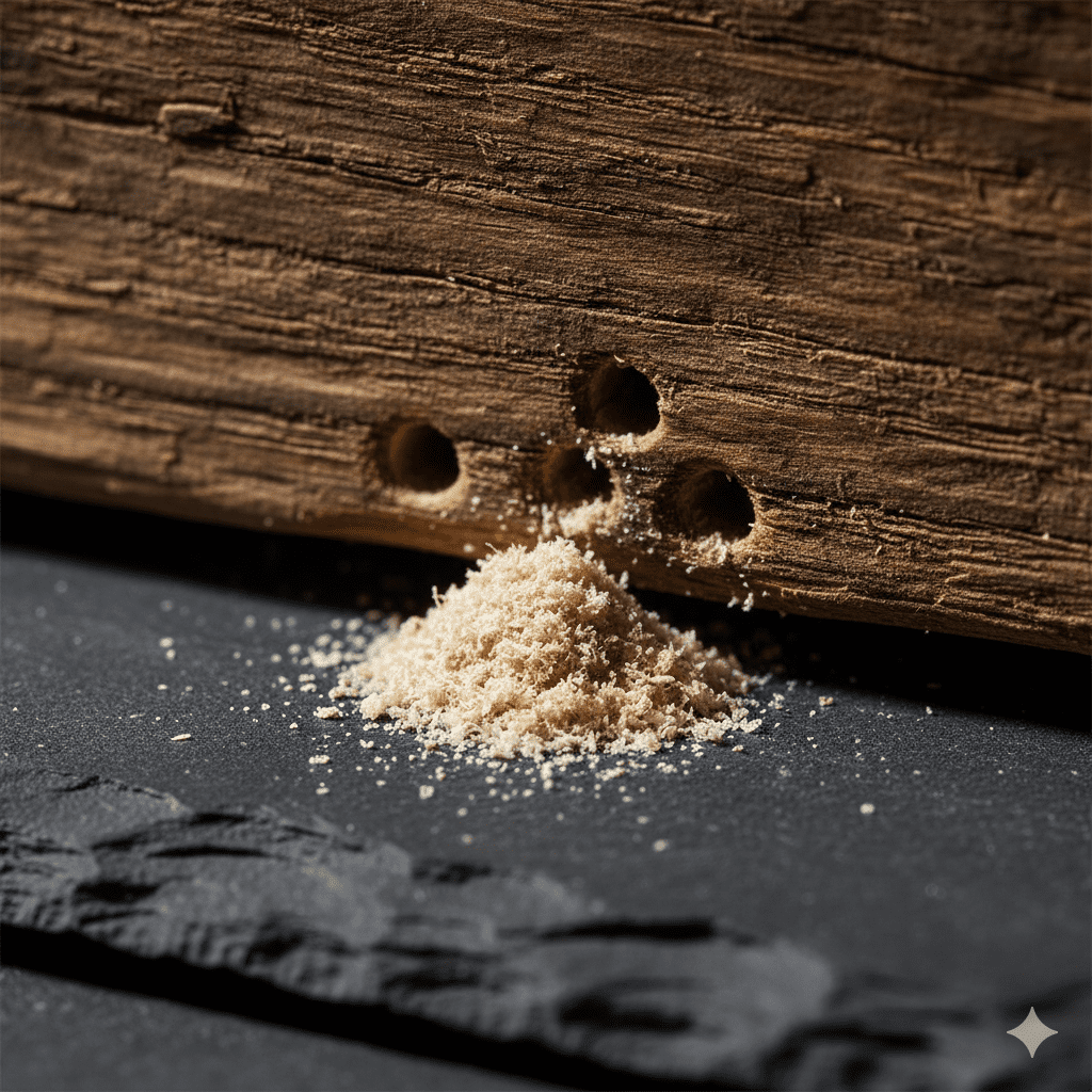 Primer plano de agujeros de carcoma en madera con serrín fresco cayendo.