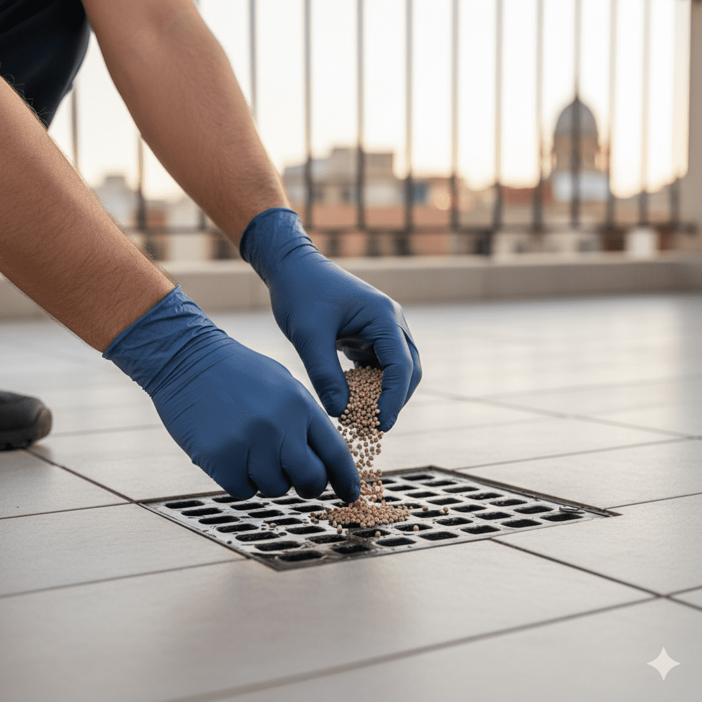 Técnico aplicando tratamiento larvicida en un desagüe